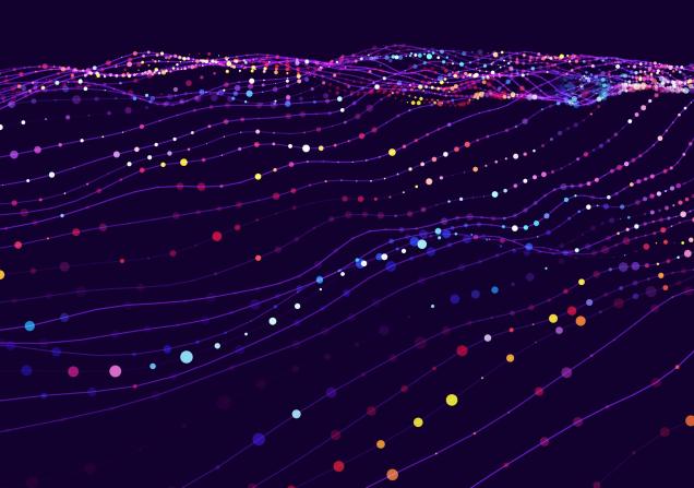 Thin purple wavy lines with small, brightly coloured dots, all against a dark background, representing data flows. Image by SkillUp via Shutterstock.